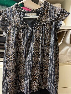 LOFT Black Floral-Stripe Ruffle Shimmer Blouse